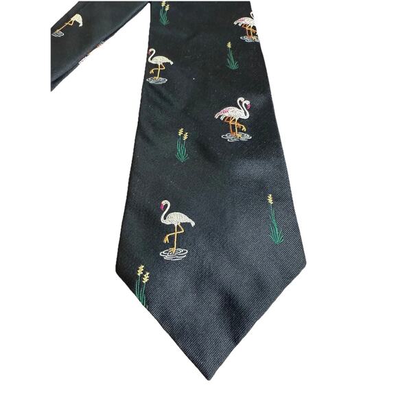 Polo Ralph Lauren Silk Flamingo Tie Cattails Made USA Handmade Vtg Black Gray - Picture 2 of 8